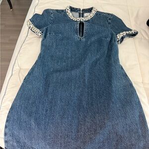 Self-Portrait Blue Denim Dress with White crystal  Accents